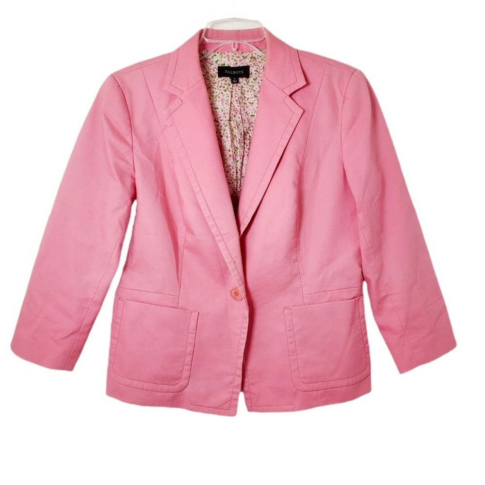 Talbots Pink Textured Cotton Blazer Jacket Size 12 Lightweight Office Classic